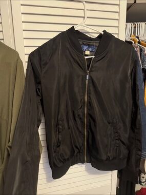 Blue Rain Black Satin Bomber Jacket
